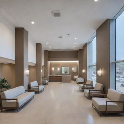 Modern private medical center featuring sleek architecture, well-lit spacious interiors, comfortable waiting areas, and top-tier medical equipment