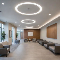 Modern private medical center featuring sleek architecture, well-lit spacious interiors, comfortable waiting areas, and top-tier medical equipment