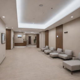 Modern private medical center featuring sleek architecture, well-lit spacious interiors, comfortable waiting areas, and top-tier medical equipment