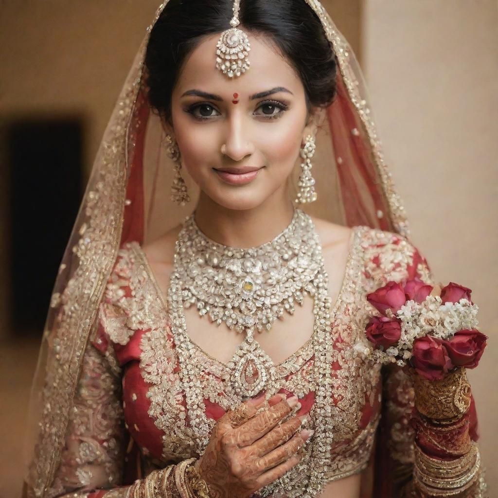 An elegant and traditional bride in rich Indian attire, adorned with refined, intricate jewelry and holding a bouquet of Almas (diamonds).