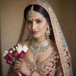 An elegant and traditional bride in rich Indian attire, adorned with refined, intricate jewelry and holding a bouquet of Almas (diamonds).