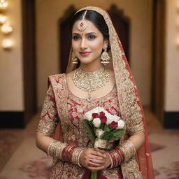 An elegant and traditional bride in rich Indian attire, adorned with refined, intricate jewelry and holding a bouquet of Almas (diamonds).