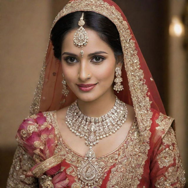 An elegant and traditional bride in rich Indian attire, adorned with refined, intricate jewelry and holding a bouquet of Almas (diamonds).