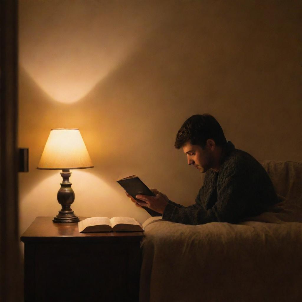 A serene scene of a person engrossed in a book under the warm glow of a lamp, surrounded by a cozy setting