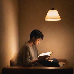 A serene scene of a person engrossed in a book under the warm glow of a lamp, surrounded by a cozy setting