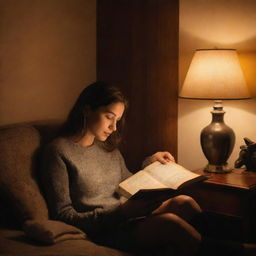 A serene scene of a person engrossed in a book under the warm glow of a lamp, surrounded by a cozy setting