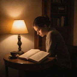 A serene scene of a person engrossed in a book under the warm glow of a lamp, surrounded by a cozy setting