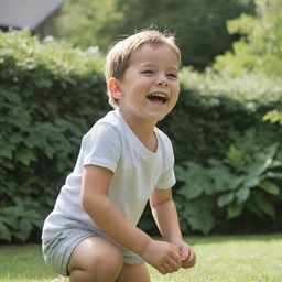 A young boy happily playing outside on a sunny day, surrounded by lush greenery