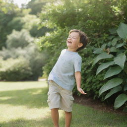 A young boy happily playing outside on a sunny day, surrounded by lush greenery