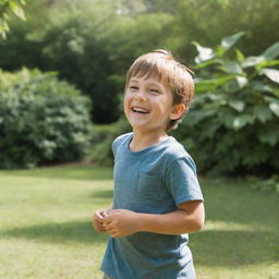 A young boy happily playing outside on a sunny day, surrounded by lush greenery