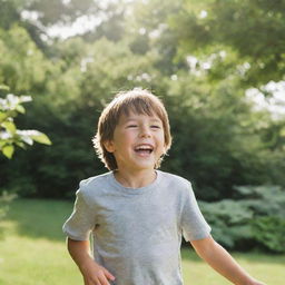 A young boy happily playing outside on a sunny day, surrounded by lush greenery