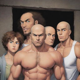 Illustrate a manga cover with four frightened characters locked in a basement. Character 1: short, with frizzy hair, character 2: bald, character 3: with longer settled hair, character 4: a tall, muscular man with a 'giga chad' face.