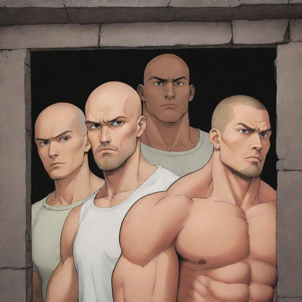 Illustrate a manga cover with four frightened characters locked in a basement. Character 1: short, with frizzy hair, character 2: bald, character 3: with longer settled hair, character 4: a tall, muscular man with a 'giga chad' face.