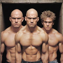 Illustrate a manga cover with four frightened characters locked in a basement. Character 1: short, with frizzy hair, character 2: bald, character 3: with longer settled hair, character 4: a tall, muscular man with a 'giga chad' face.