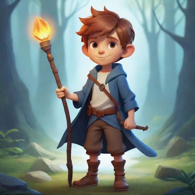 A stylized character illustration of a young boy, ready for an adventure in a fantasy game, armed with a magical staff