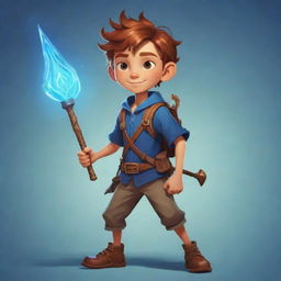 A stylized character illustration of a young boy, ready for an adventure in a fantasy game, armed with a magical staff