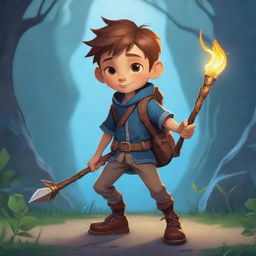 A stylized character illustration of a young boy, ready for an adventure in a fantasy game, armed with a magical staff