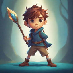 A stylized character illustration of a young boy, ready for an adventure in a fantasy game, armed with a magical staff