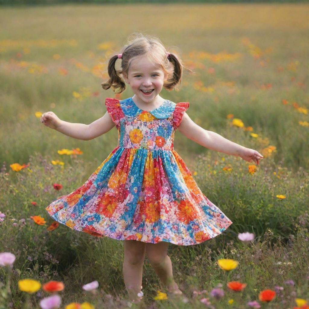 A playful little girl with pigtails dressed in a colourful dress, joyously twirling in a field of vibrant flowers