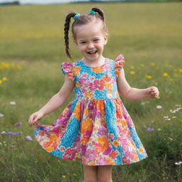 A playful little girl with pigtails dressed in a colourful dress, joyously twirling in a field of vibrant flowers