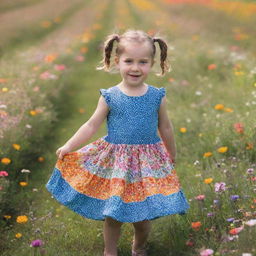 A playful little girl with pigtails dressed in a colourful dress, joyously twirling in a field of vibrant flowers