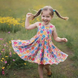 A playful little girl with pigtails dressed in a colourful dress, joyously twirling in a field of vibrant flowers