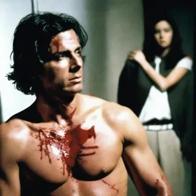 In the horror movie, the killer used a sharp object to poke a hole in his victim's chest.