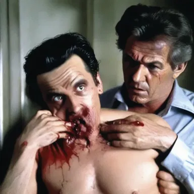 In the horror movie, the killer used a sharp object to poke a hole in his victim's chest.