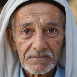 An elderly Arab man with distinct features, showcasing signs of an eye cataract. He has a weathered yet kindly visage, expressive wrinkles, and soft, empathetic eyes touched lightly by haziness from the cataract.