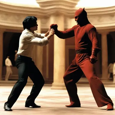 In the action movie, the hero pokes the villain in the eye to gain the upper hand in the fight.