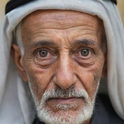 An elderly Arab man with distinct features, showcasing signs of an eye cataract. He has a weathered yet kindly visage, expressive wrinkles, and soft, empathetic eyes touched lightly by haziness from the cataract.