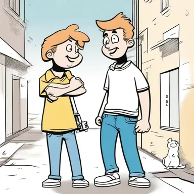 In the comic strip, the mischievous character playfully pokes his friend on the shoulder to get his attention.