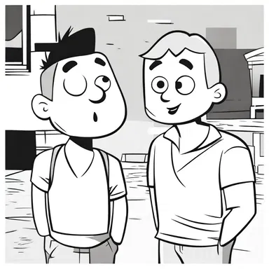 In the comic strip, the mischievous character playfully pokes his friend on the shoulder to get his attention.