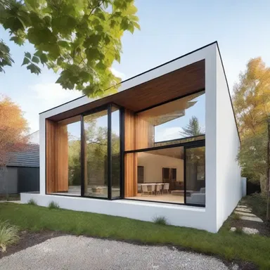 The modern house design features a large window that pokes out from the side of the building, providing a unique aesthetic.