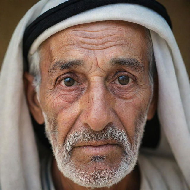 An elderly Arab man with distinct features, showcasing signs of an eye cataract. He has a weathered yet kindly visage, expressive wrinkles, and soft, empathetic eyes touched lightly by haziness from the cataract.