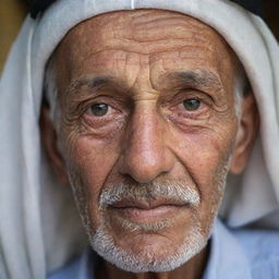 An elderly Arab man with distinct features, showcasing signs of an eye cataract. He has a weathered yet kindly visage, expressive wrinkles, and soft, empathetic eyes touched lightly by haziness from the cataract.