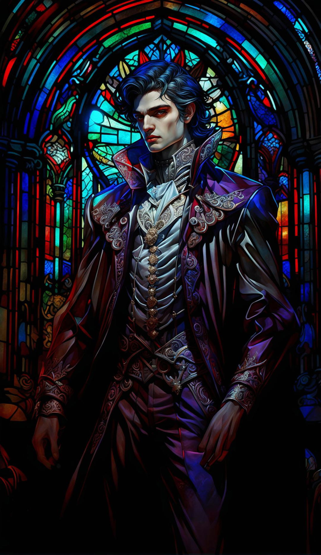 A hyper-realistic, handsome vampire in Baroque-style clothing stands in front of a stained glass window at dawn. His serene expression is illuminated by the colorful light filtering through the window.