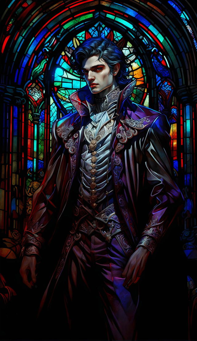 A hyper-realistic, handsome vampire in Baroque-style clothing stands in front of a stained glass window at dawn. His serene expression is illuminated by the colorful light filtering through the window.