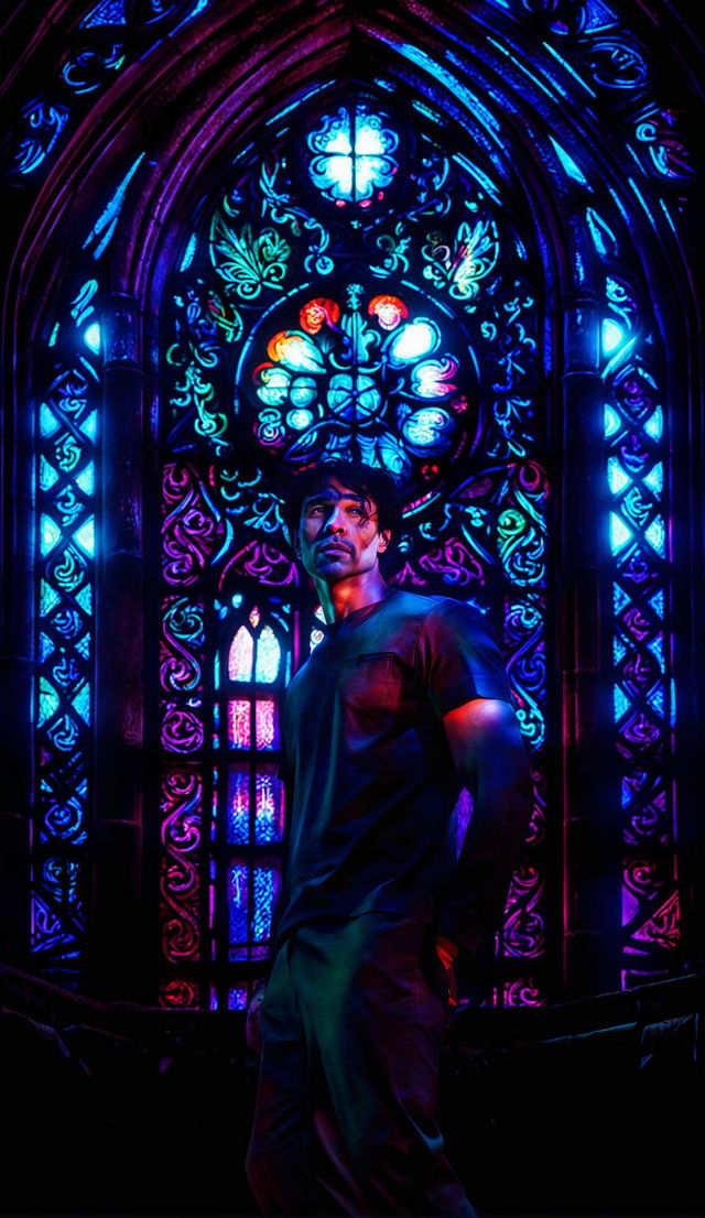 A candid photograph of a handsome man standing in front of a stained glass window at dawn. The colorful light from the window illuminates his serene expression.