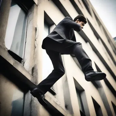 In the intense action scene, the protagonist dangled on the edge of the building.
