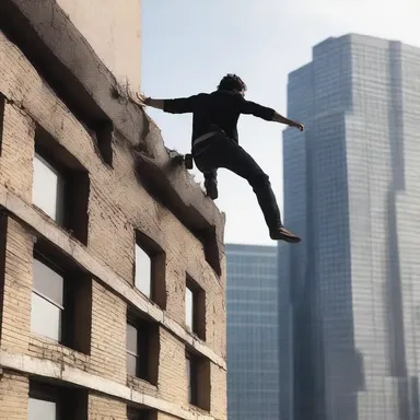 In the intense action scene, the protagonist dangled on the edge of the building.