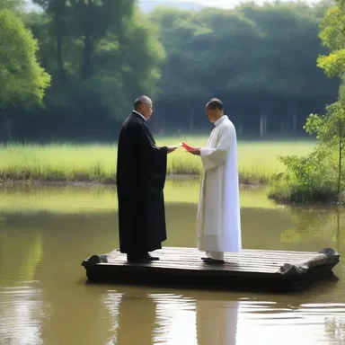 The priest held a religious ceremony on the edge of the sacred pond.