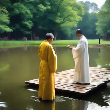 The priest held a religious ceremony on the edge of the sacred pond.