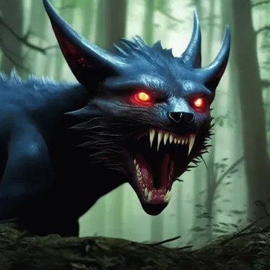 The mythical creature had glowing eyes and sharp fangs along the edges of its snout.