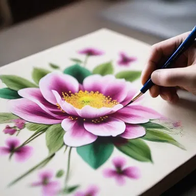 The renowned artist skillfully paints the delicate flowers on the edge of the canvas.