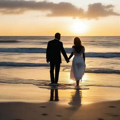 As they walked hand in hand by the edge of the ocean, the couple watched the sunset in a romantic embrace.