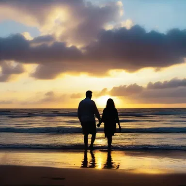 As they walked hand in hand by the edge of the ocean, the couple watched the sunset in a romantic embrace.