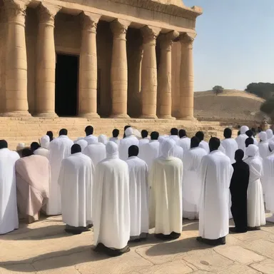 The worshipers gathered at the edge of the holy temple, praying for blessings.