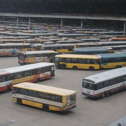 A bustling bus terminal with various buses of different sizes and colors