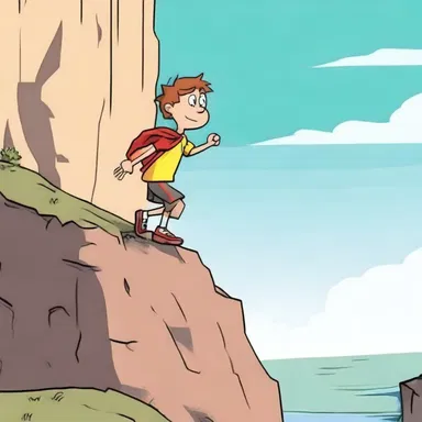 In the cartoon, the character walks along the edge of a cliff, showcasing their bravery.